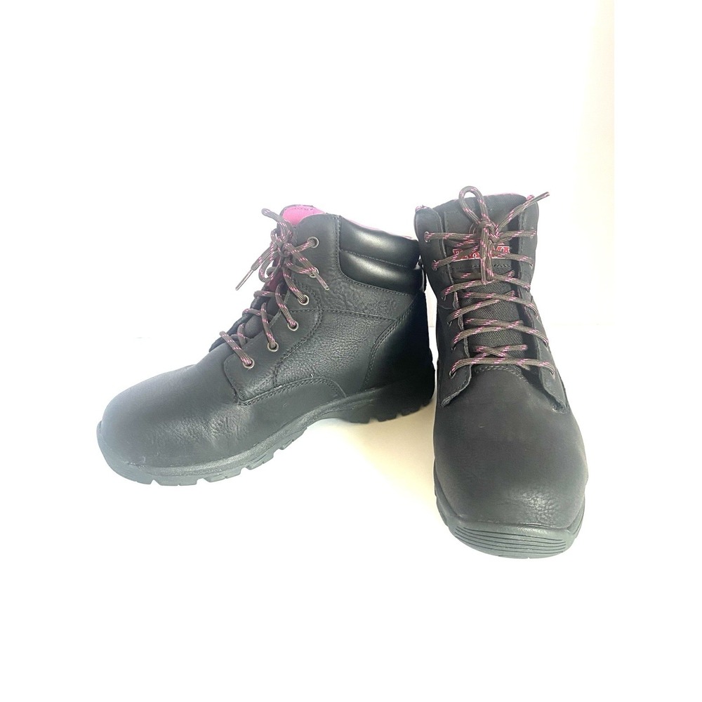 Women's Size 9 Work Boots Black Pink Lace Up Steel Toe Construction Boots